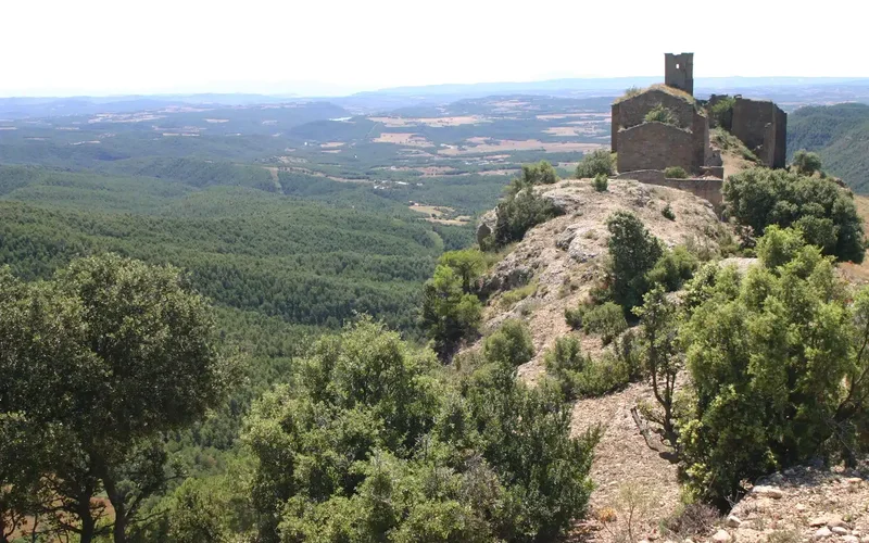 Ruinas de una torre medieval en una colina rocosa, rodeada de vegetación verde y vistas amplias a colinas y campos