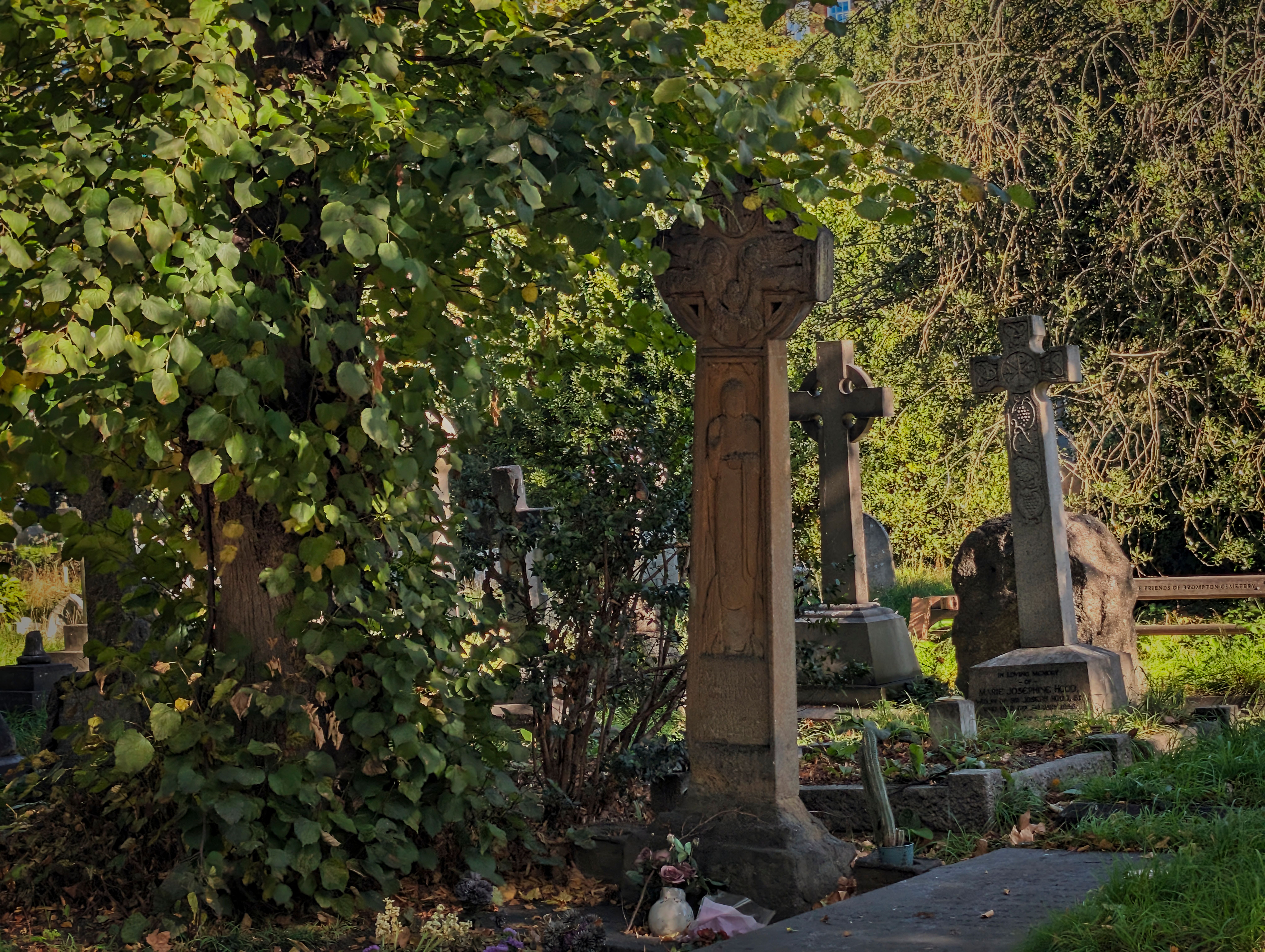 Lápida celta ornamentada en primer plano, rodeada de vegetación y otras lápidas en un cementerio.