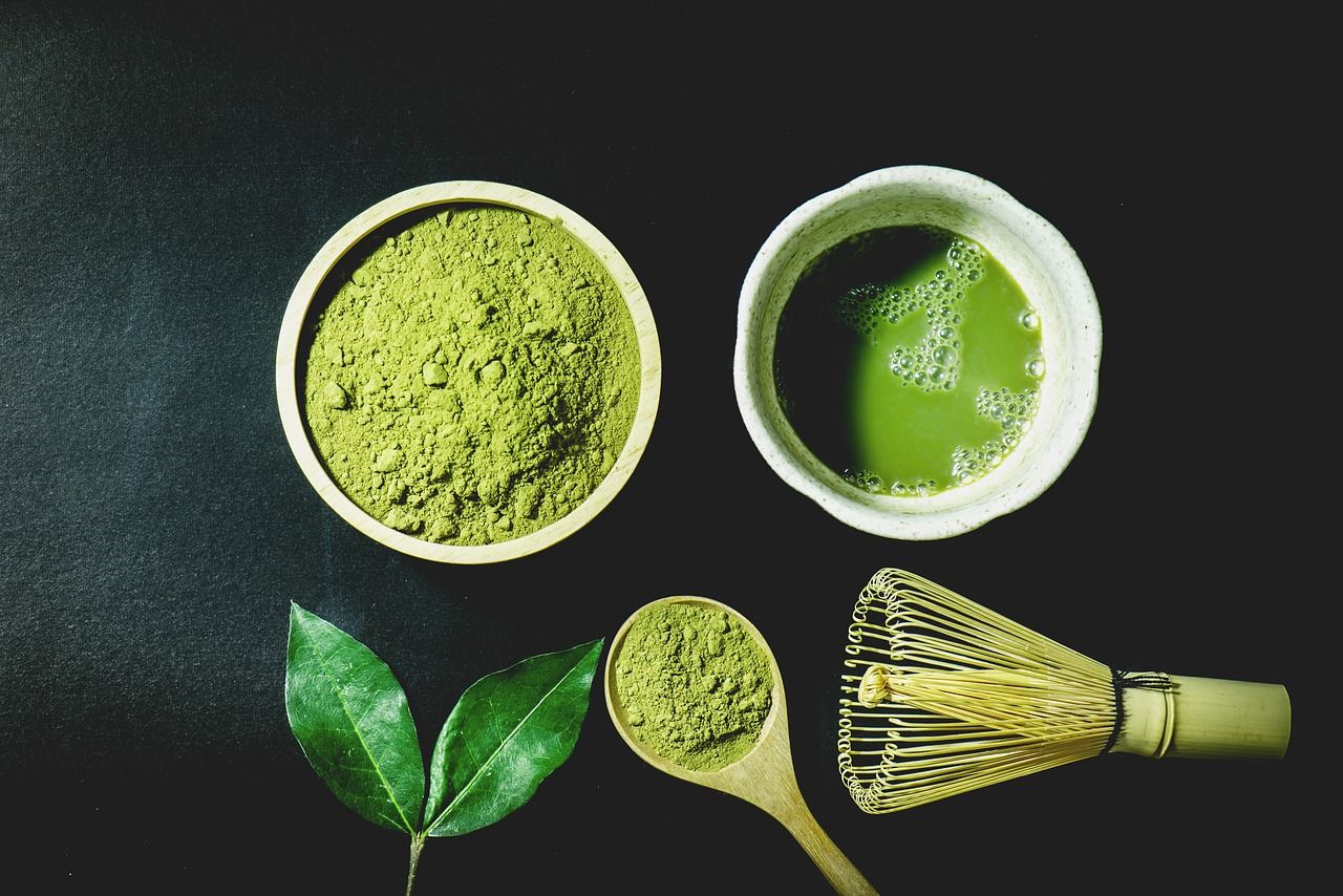 Matcha layout with leaf, tea, and powder