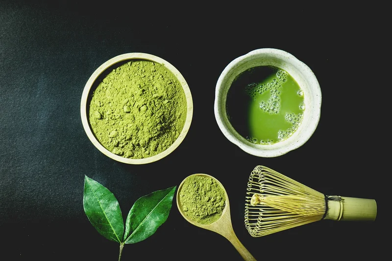 Matcha layout with leaf, tea, and powder
