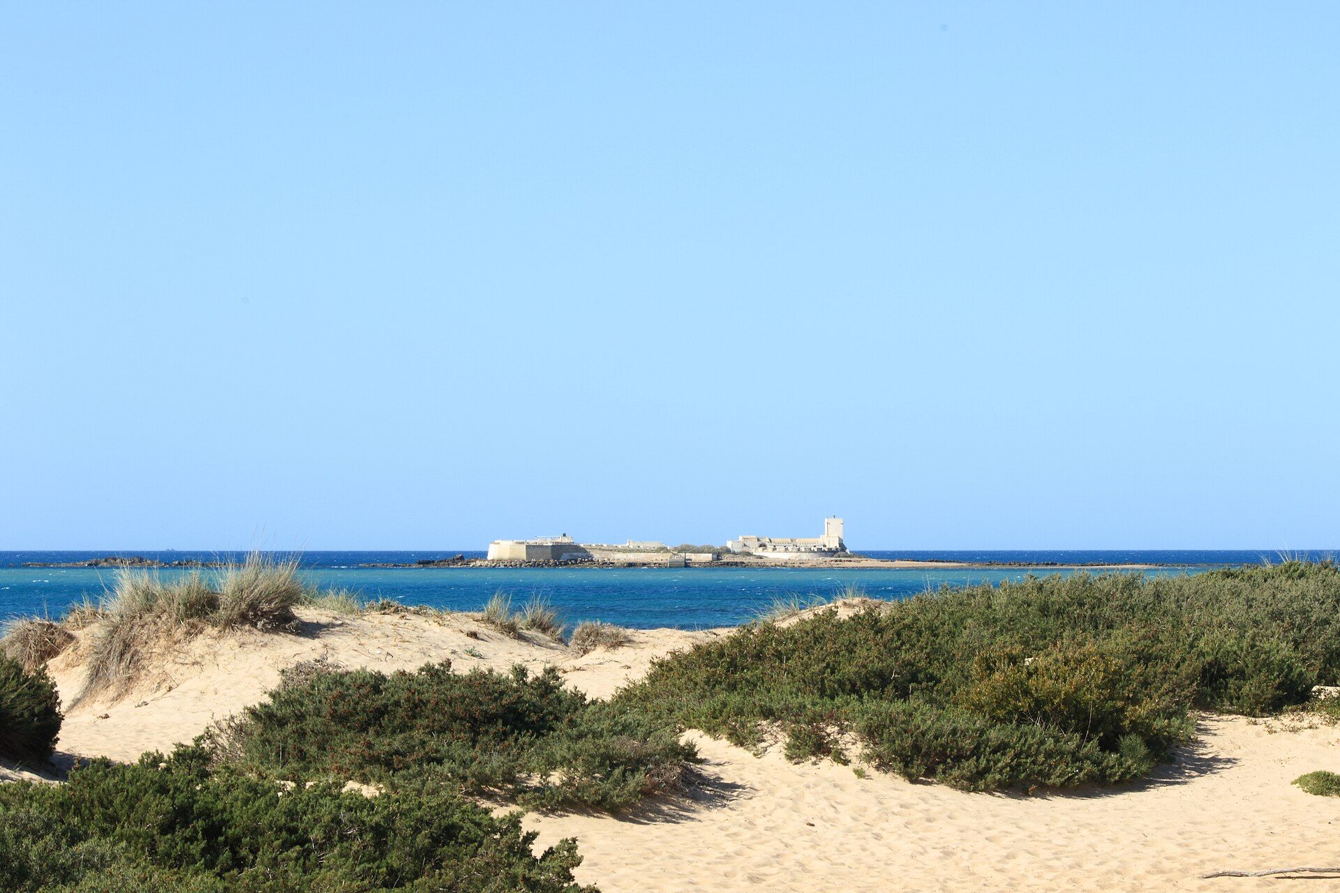 Vista panorámica de dunas de arena con vegetación, el mar azul y el Castillo de Sancti Petri a lo lejos.
