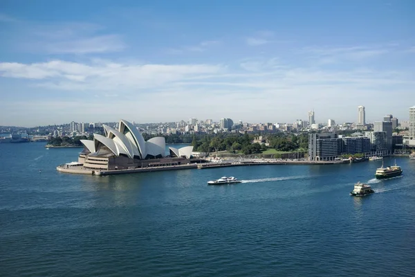 Aerial view of Sydney Harbour featuring the Opera House and Harbour Bridge at sunset