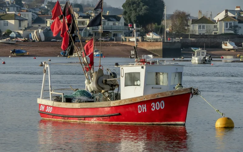 Barco de pesca rojo y blanco con banderas, amarrado en un cuerpo de agua con casas al fondo.