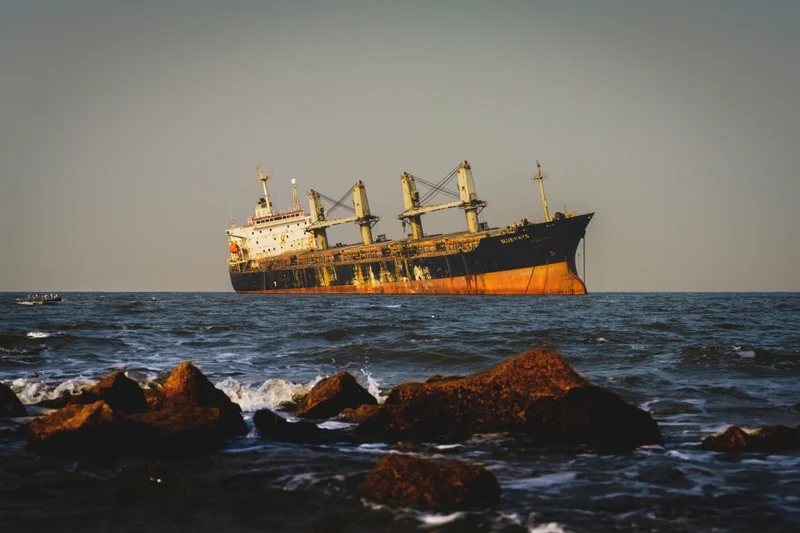 Un gran buque de carga oxidado y abandonado flota en el mar, con rocas en primer plano.