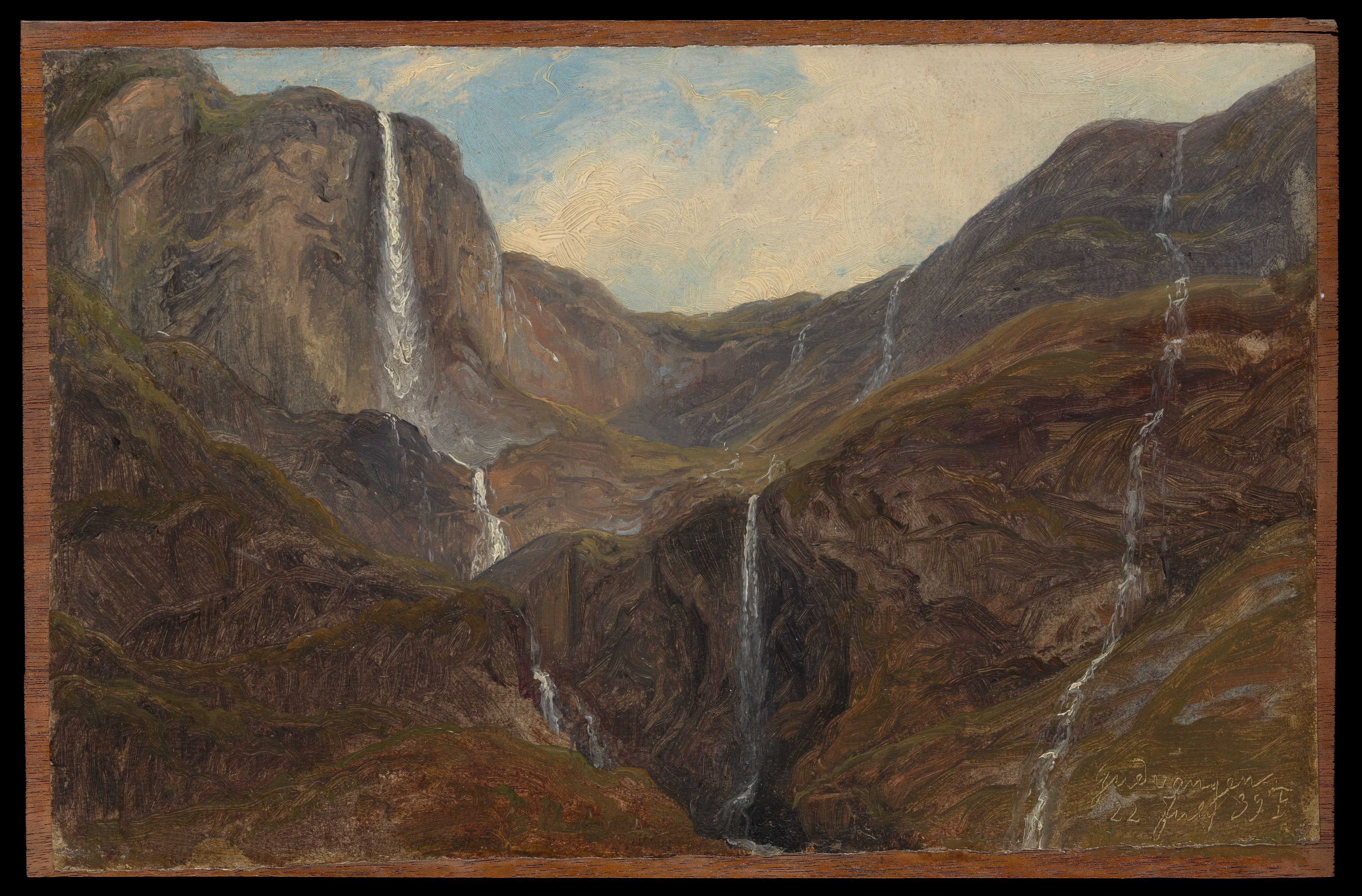 Pintura al óleo de un valle montañoso con múltiples cascadas cayendo por laderas rocosas y verdes.
