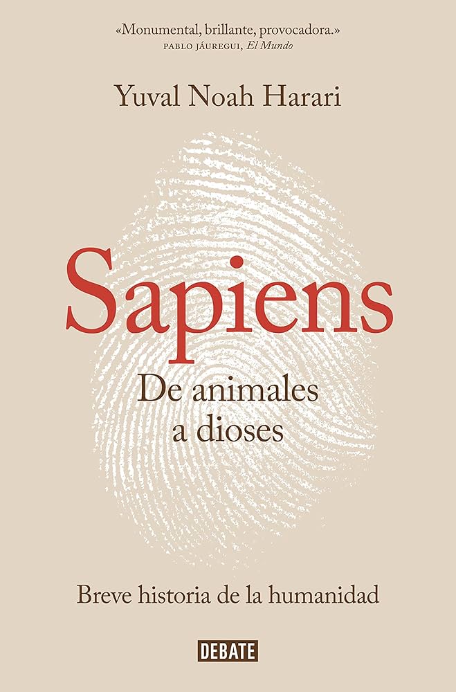 Portada de Sapiens: de animales a dioses de Yuval Noah Harari con silueta humana en fondo naranja