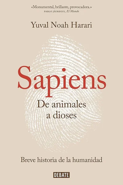 Portada de Sapiens: de animales a dioses de Yuval Noah Harari con silueta humana en fondo naranja