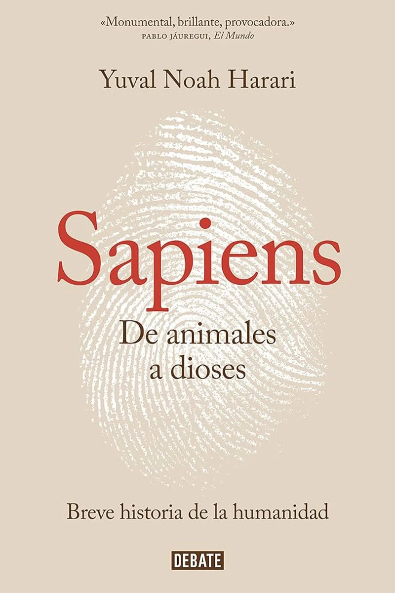 Portada de Sapiens: de animales a dioses de Yuval Noah Harari con silueta humana en fondo naranja