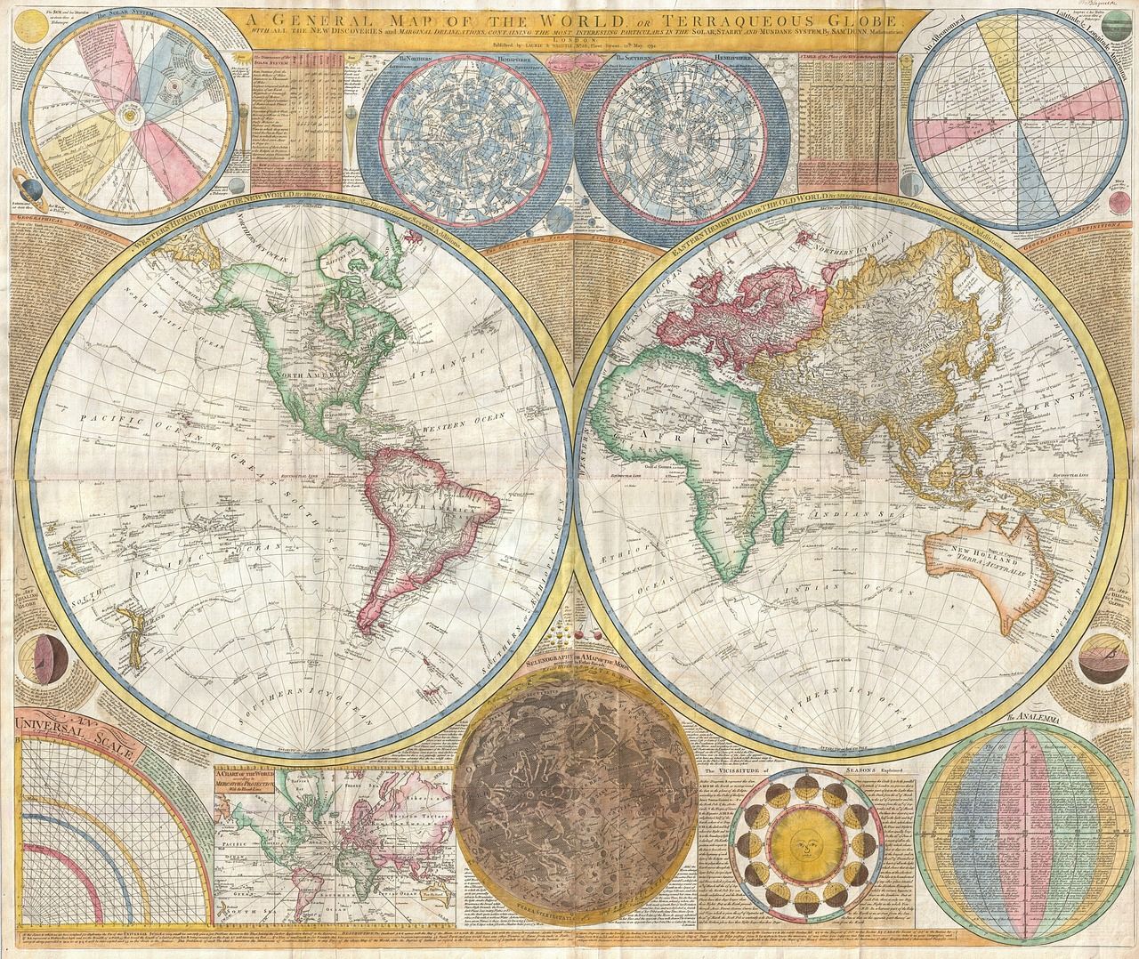 Antiguo mapa mundial de doble hemisferio con continentes coloreados y detalles astronómicos circundantes.
