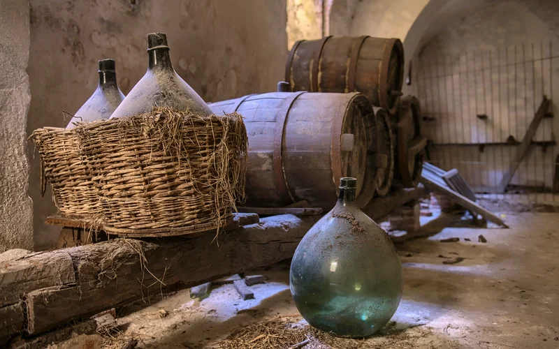 Antiguas garrafas de vidrio y cestas de mimbre junto a barriles de madera en una bodega rústica.