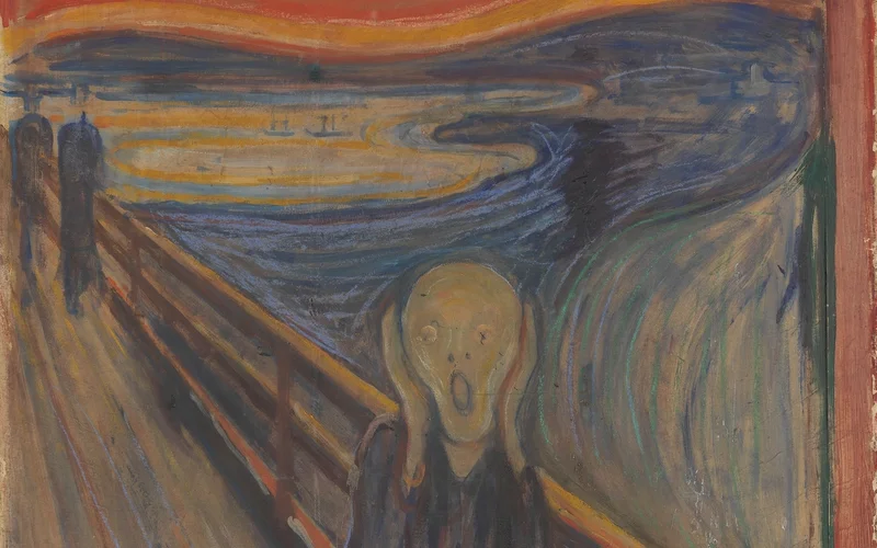 El grito de Edvard Munch (1893): una figura se lleva las manos a las orejas en un puente, bajo un cielo rojo sobre el fiordo de Oslo.