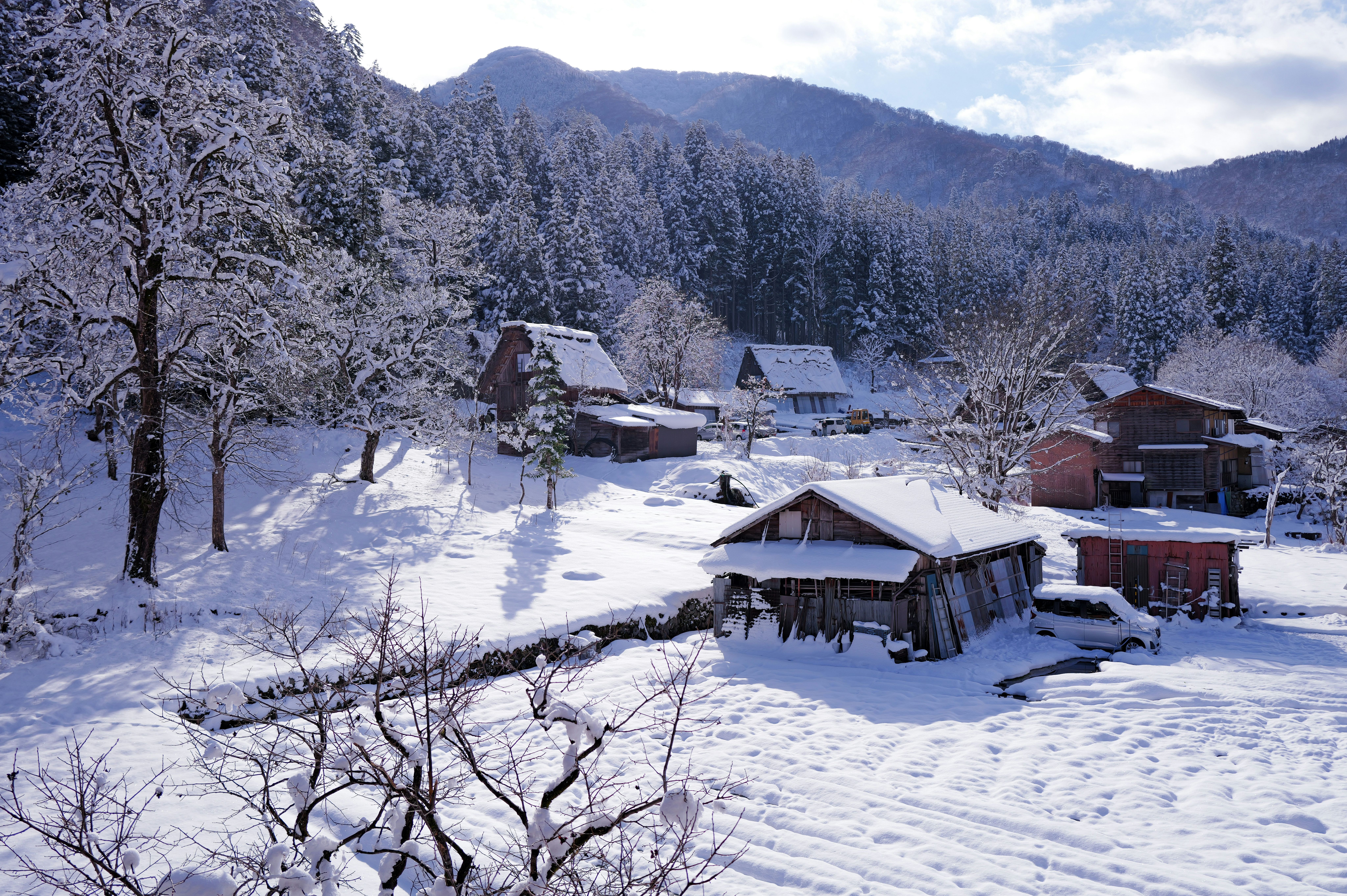 Casas tradicionales japonesas con tejados cubiertos de nieve en un valle montañoso invernal.