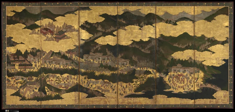 Pintura japonesa antigua de un paisaje montañoso con nubes doradas, edificios y multitudes.
