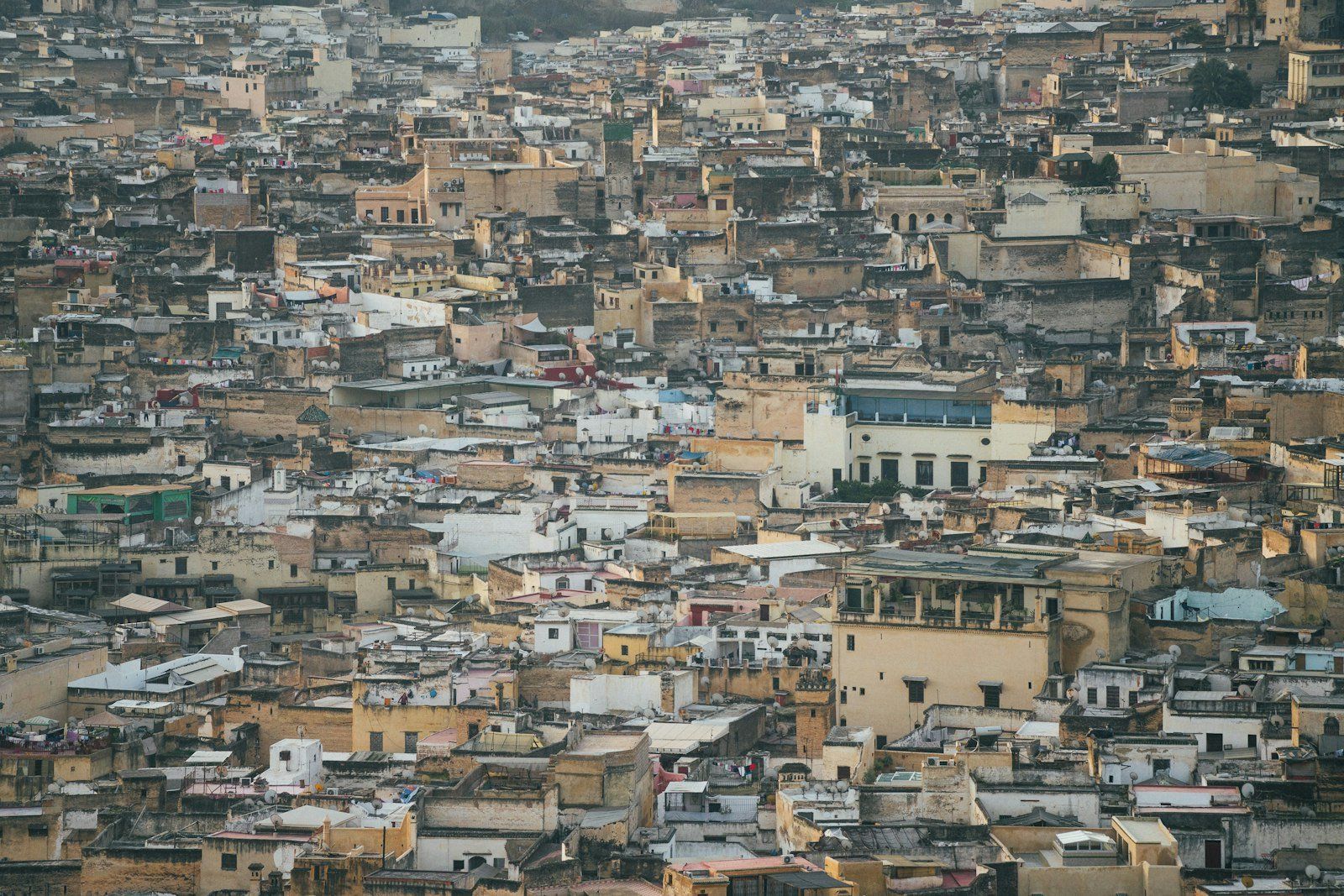 Vista panorámica de la medina de Fes con edificios apiñados en tonos arena y ocres, techos planos y colinas urbanas