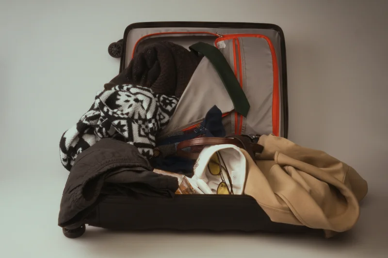 Una maleta de cabina abierta y desordenada, llena de ropa y accesorios diversos.