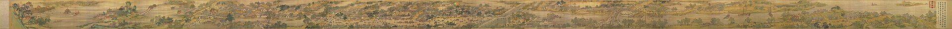 Pintura tradicional china de un paisaje fluvial con ciudades, montañas y personas en tonos tierra.