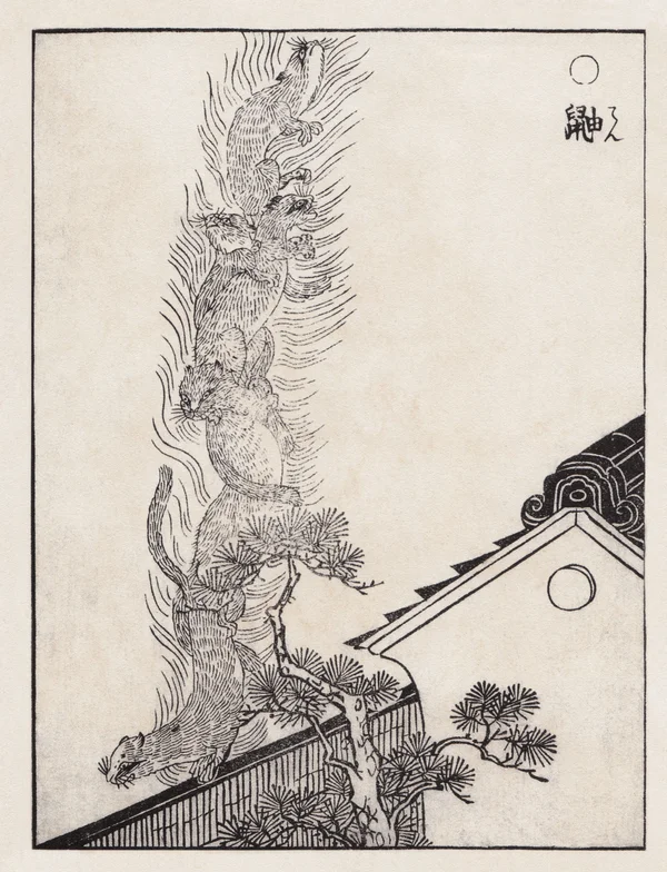 Ilustración antigua japonesa en blanco y negro de varias martas apiladas verticalmente sobre un tejado.