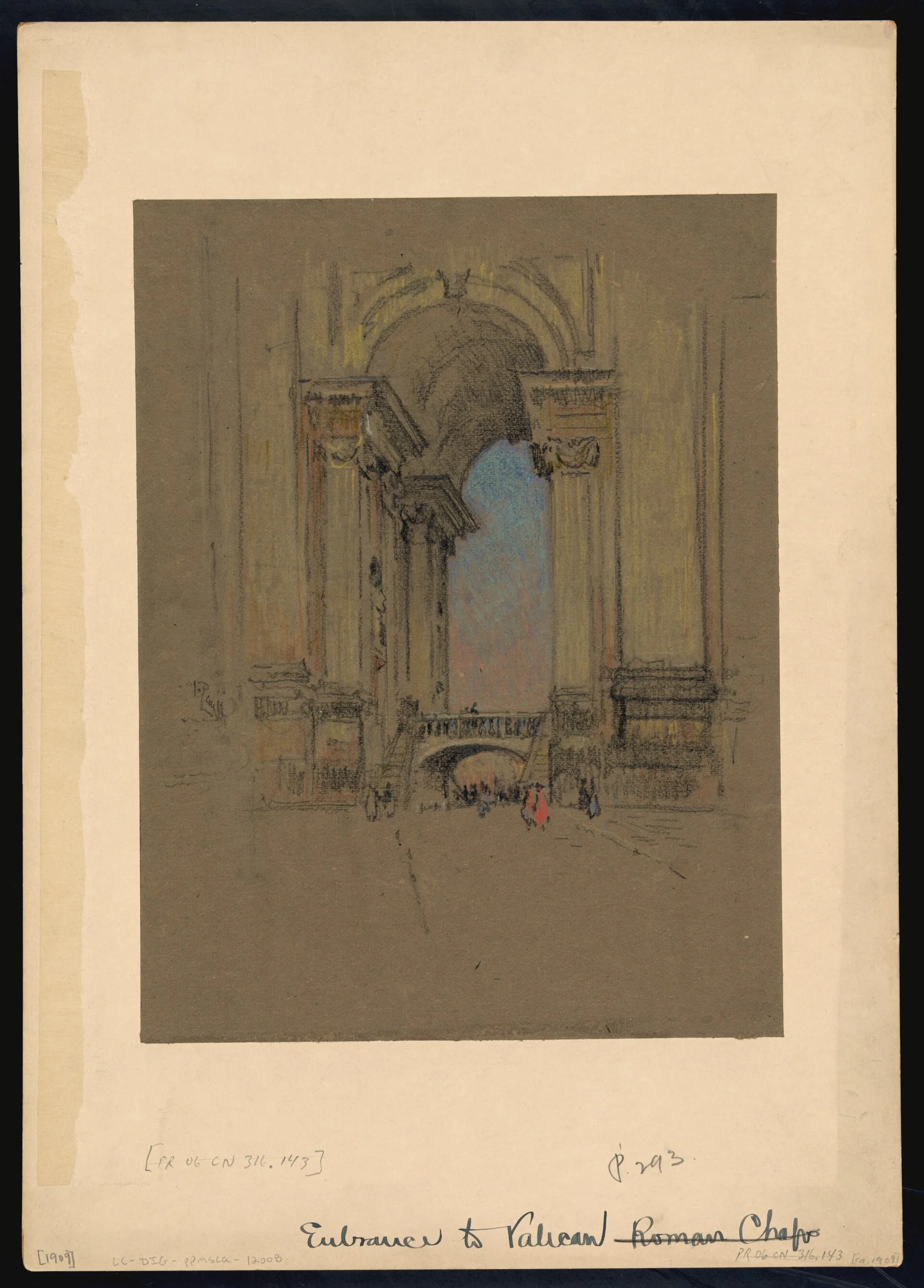 Dibujo a pastel de una entrada monumental con arcos y columnas, con figuras pequeñas en la base.