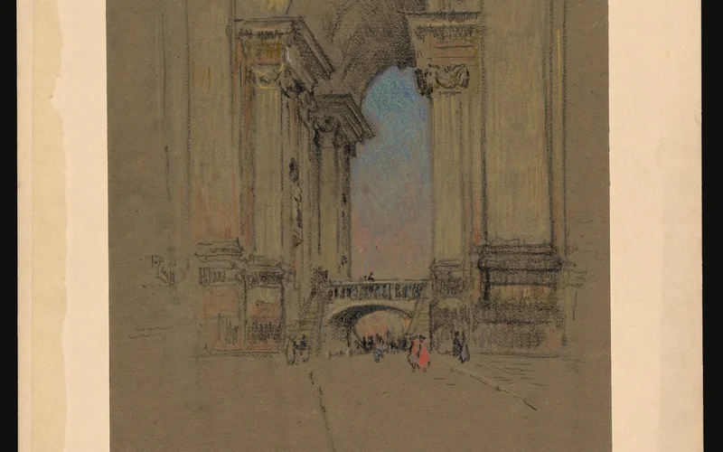 Dibujo a pastel de una entrada monumental con arcos y columnas, con figuras pequeñas en la base.