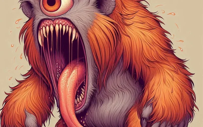 Ilustración de una criatura peluda naranja con un ojo rojo central grande, boca abierta con lengua larga y dientes afilados, garras y postura