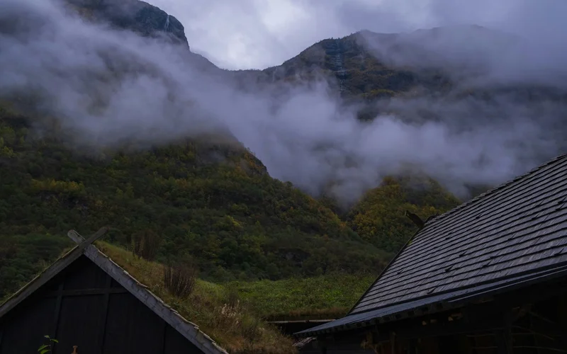Tejados de casas tradicionales noruegas con hierba y montañas cubiertas de niebla al fondo.