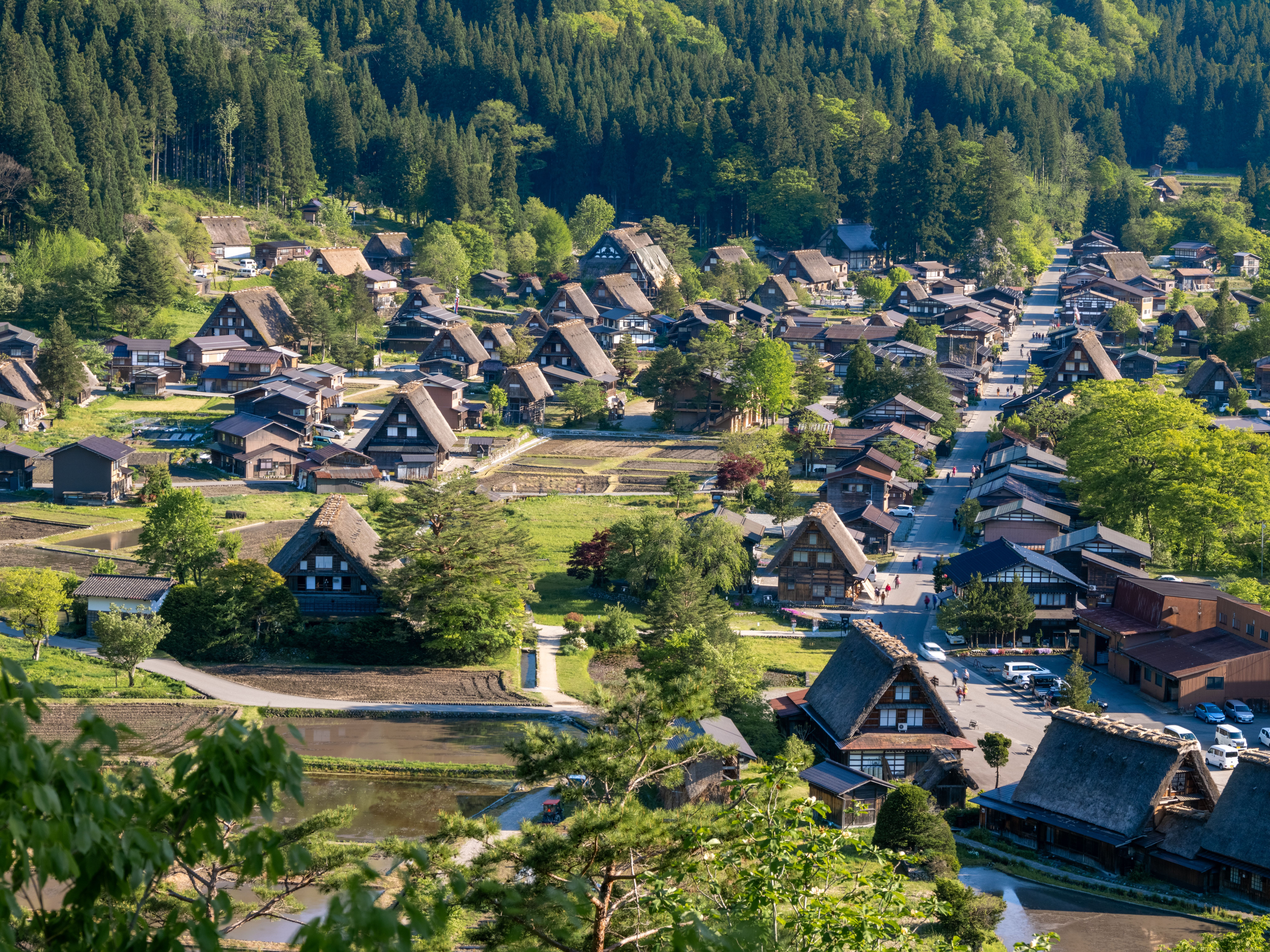 Vista aérea de un pueblo japonés con casas de tejados empinados y campos verdes, rodeado de montañas boscosas.