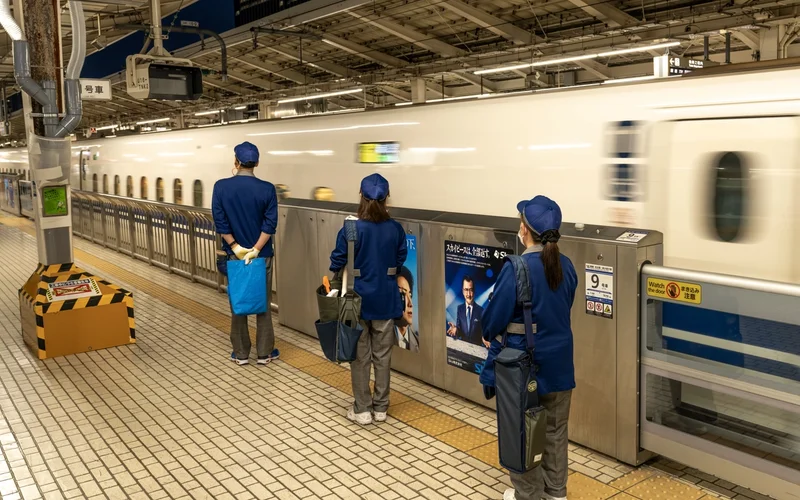 Tres trabajadores uniformados de espaldas en una plataforma de tren, con un tren bala blanco pasando rápidamente.