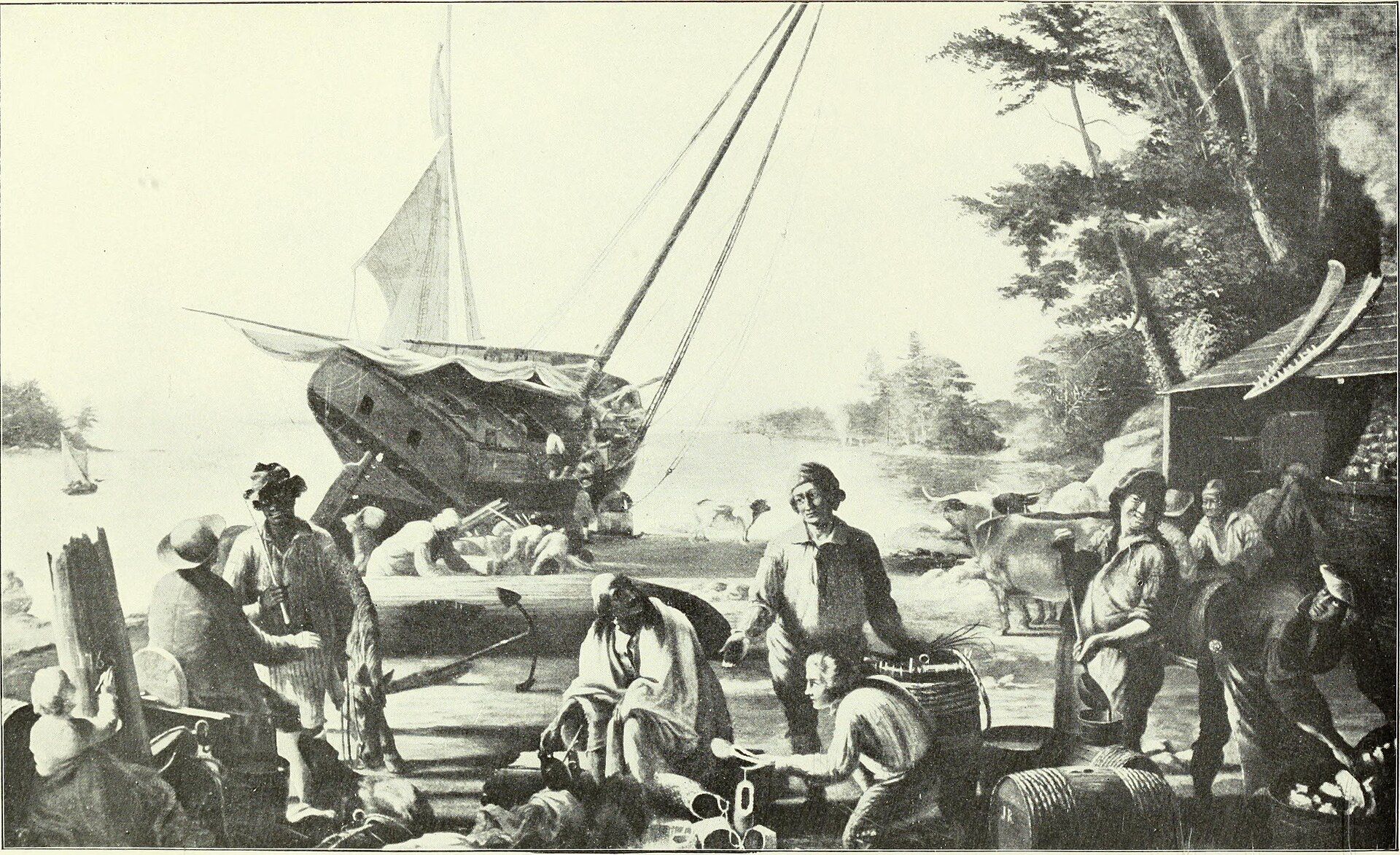Grabado antiguo que muestra a personas trabajando junto a un barco anclado en la orilla, con barriles y bueyes.