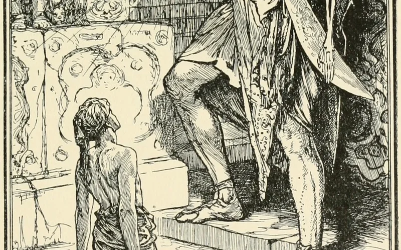 Ilustración en blanco y negro de un hombre grande sosteniendo un esqueleto y un hombre pequeño mirándolo.