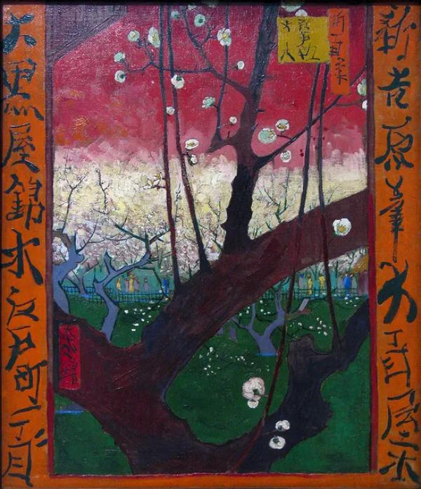 Pintura de Van Gogh inspirada en ukiyo-e: árbol de almendros en flor con ramas oscuras y flores blancas, cielo rosado, fondo verde y kanji en los