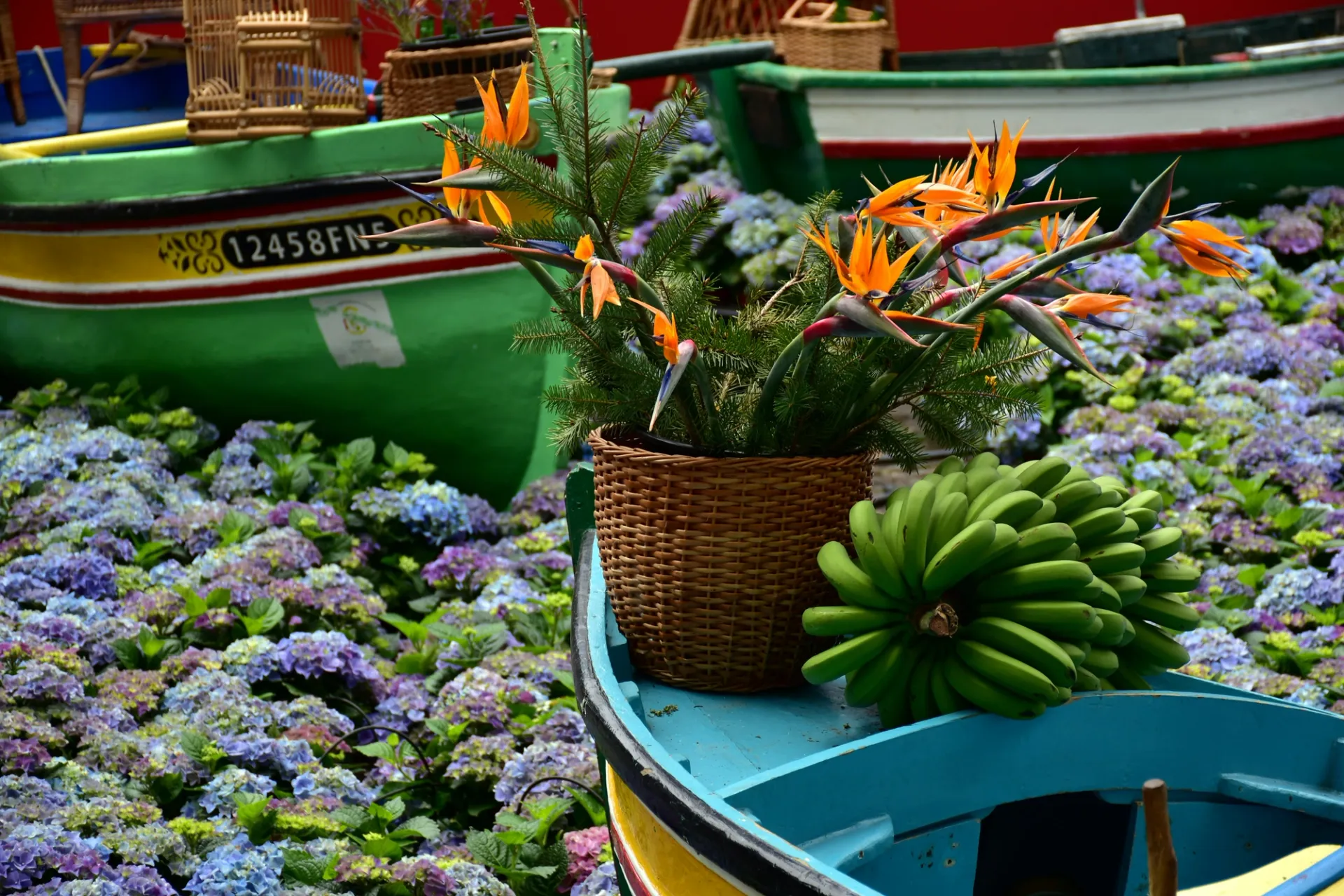 Barcas de pesca decoradas con flores de ave del paraíso, hortensias y plátanos verdes.