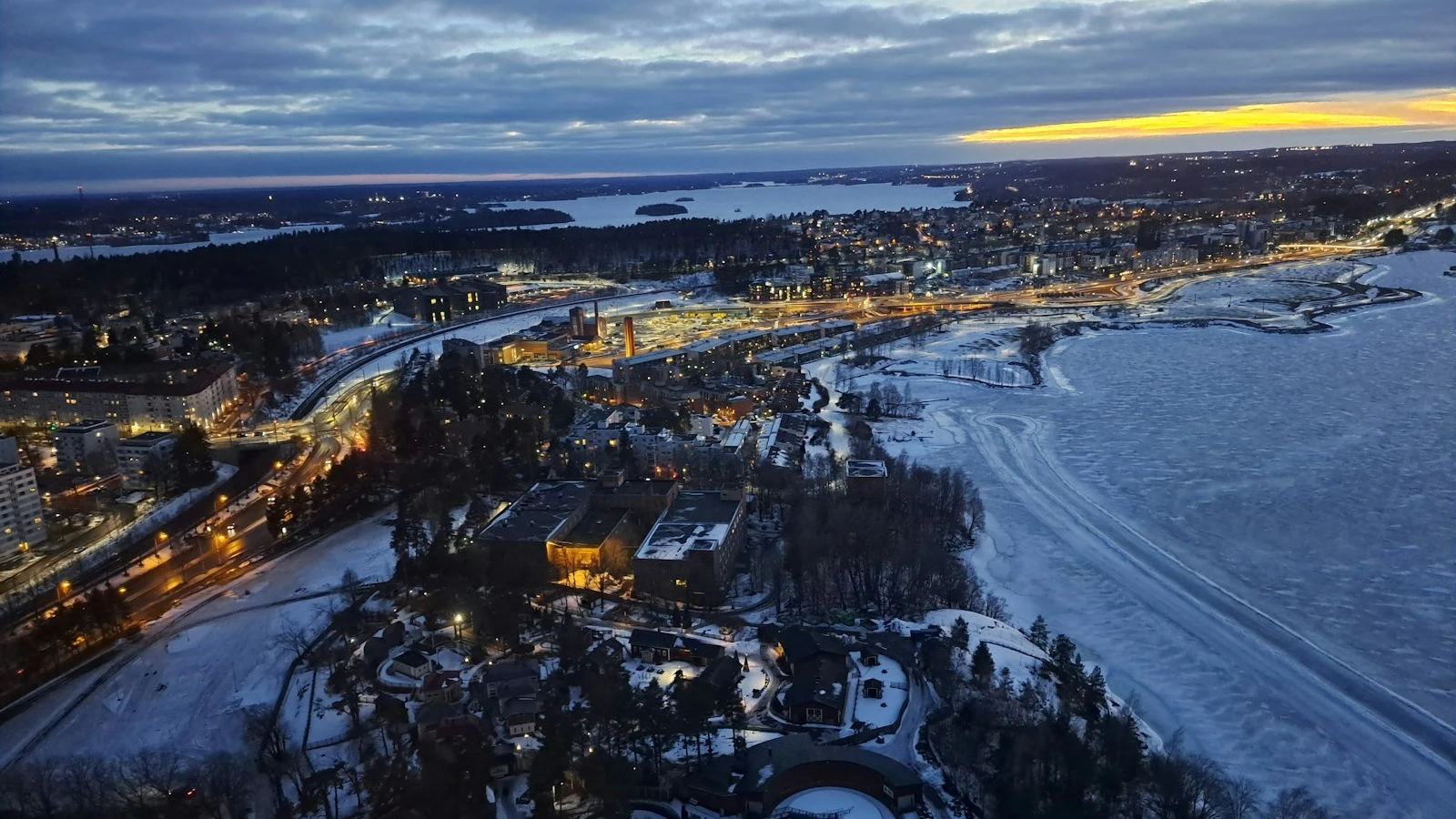 an aerial view of a city at night