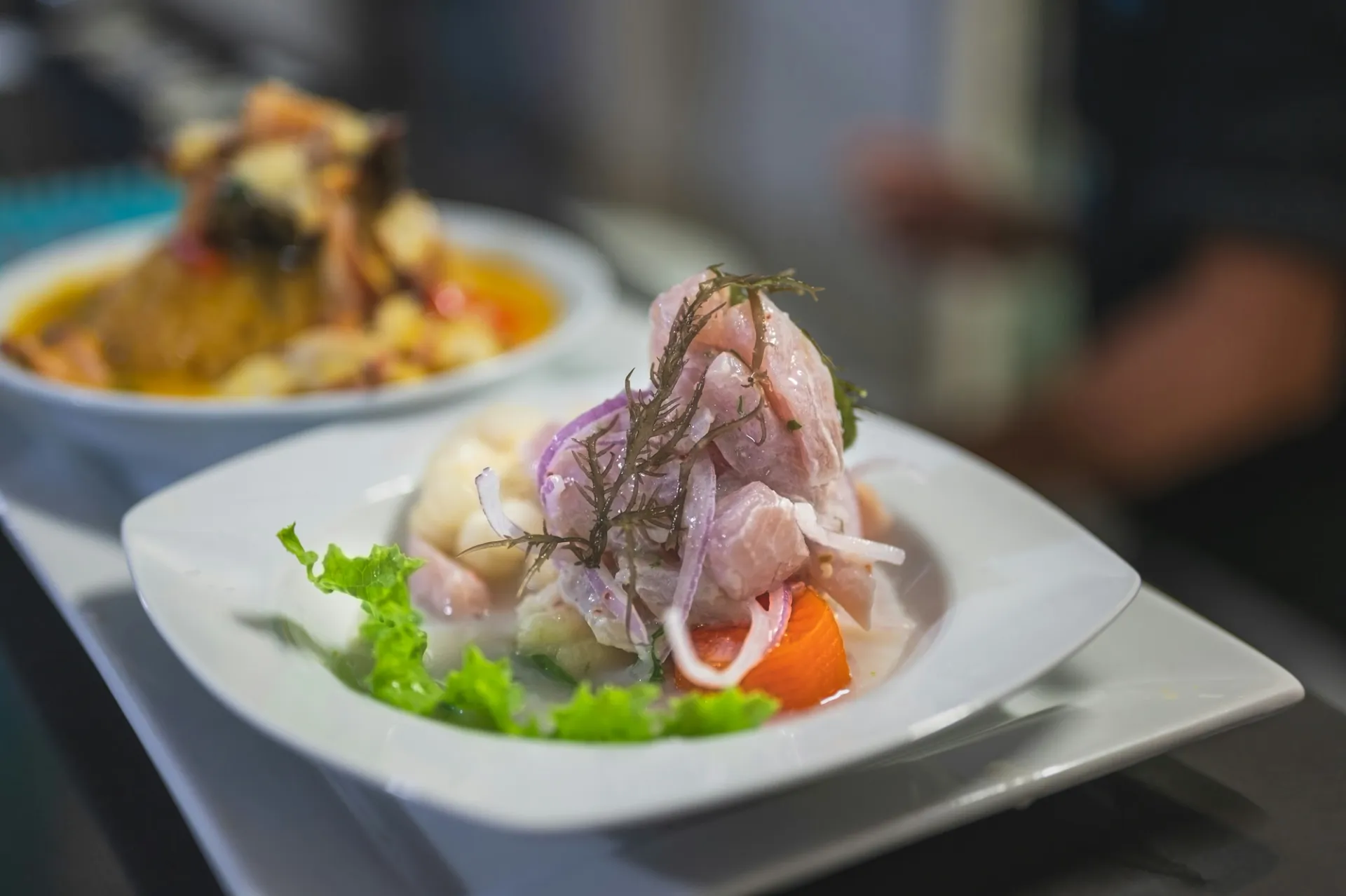Plato de ceviche con pescado, cebolla morada, lechuga y zanahoria, con otro plato desenfocado detrás.