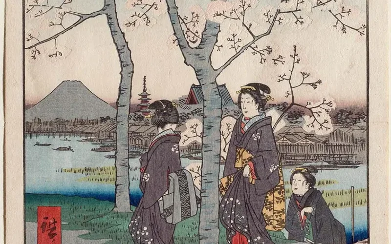 Estampa ukiyo-e de Hiroshige con cerezos en flor, monte Fuji nevado al fondo y mujeres en kimonos azul y negro caminando junto a un río y pagoda
