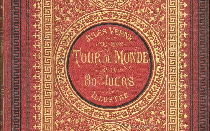 Portada antigua del libro "Le tour du monde en 80 jours" de Jules Verne, con bordes ornamentados en rojo y dorado