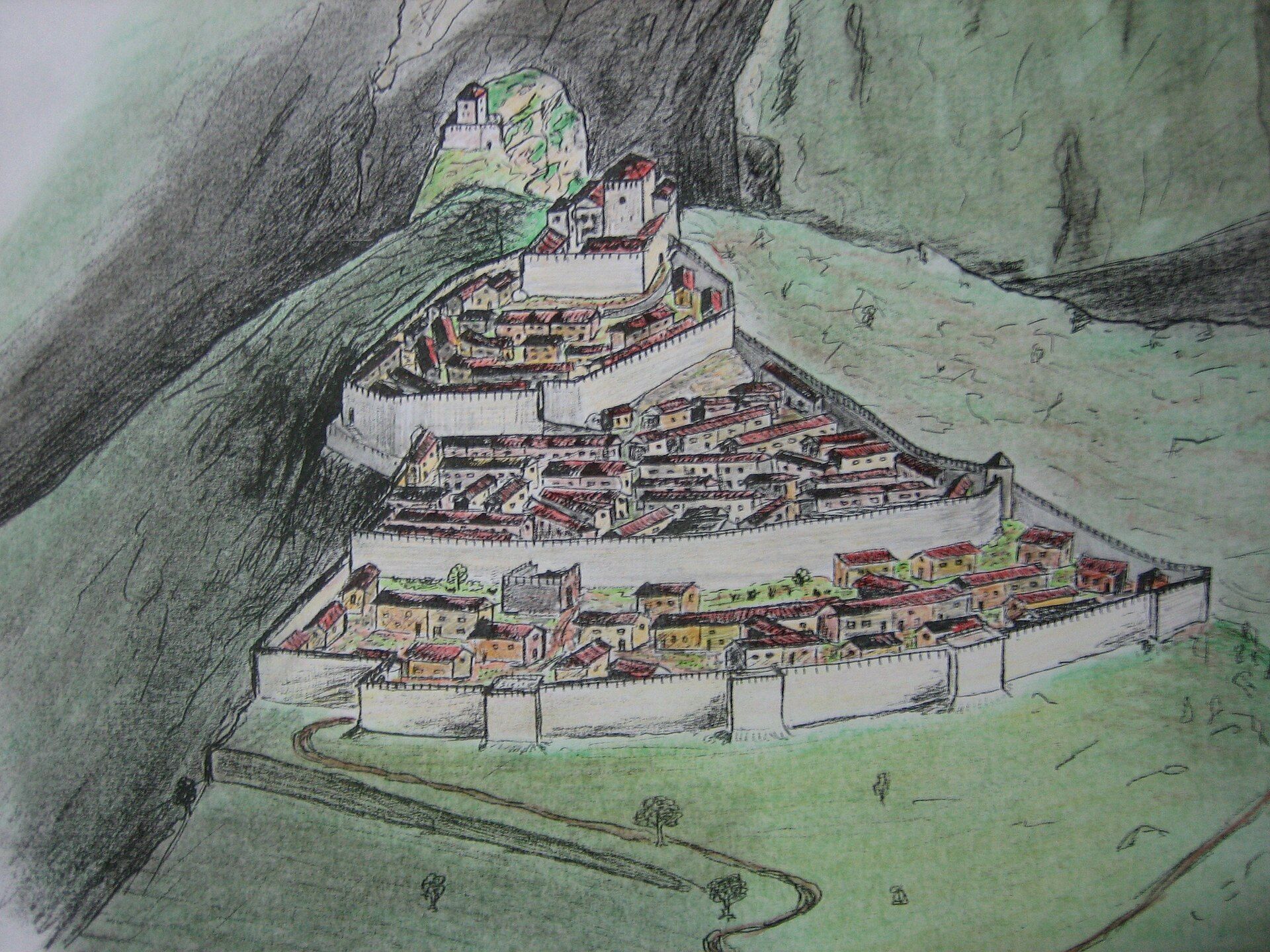 Ilustración de un castillo medieval fortificado en la cima de una colina, rodeado por un pueblo amurallado.