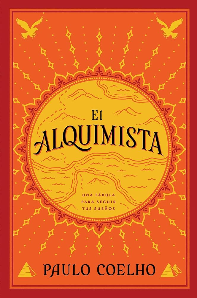 Portada de El Alquimista de Paulo Coelho con un peregrino en el desierto hacia las pirámides