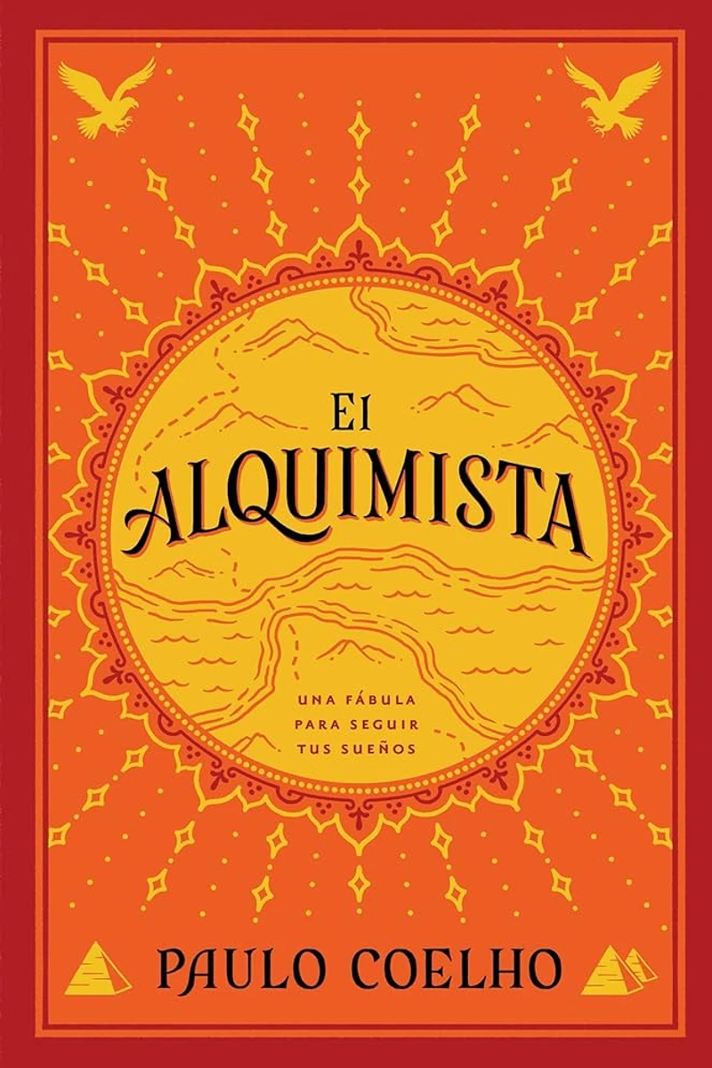 Portada de El Alquimista de Paulo Coelho con un peregrino en el desierto hacia las pirámides