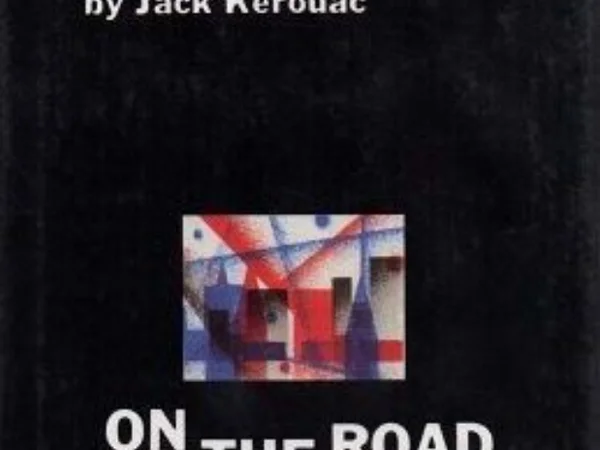 Portada del libro On the road de Jack Kerouac con fondo negro, formas abstractas en rojo, azul y blanco, y título en letras blancas grandes