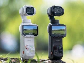 Insta360 Luna Pro gimbal camera co-engineered with Leica, showing the detachable 2-inch OLED touchscreen remote and the Type 1 sensor with Leica Summicron lens