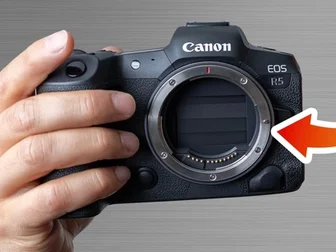 PetaPixel editorial illustration: Nikon Z5IIC sensor, headline context for Canon RF mount precedent story