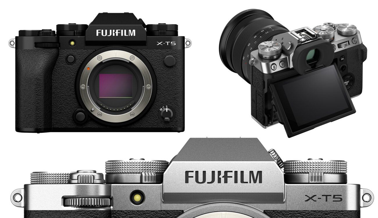 Fujifilm X-T5 mirrorless camera body shown from front angle with XF 23mm f/2 WR lens attached