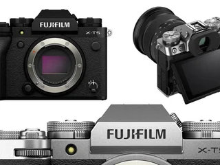 Fujifilm X-T5 mirrorless camera body shown from front angle with XF 23mm f/2 WR lens attached