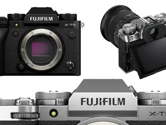 Fujifilm X-T5 mirrorless camera body shown from front angle with XF 23mm f/2 WR lens attached