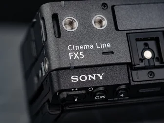 Sony FX5 Cinema Line full-frame camera with SEL1635GM2 lens attached, official press shot