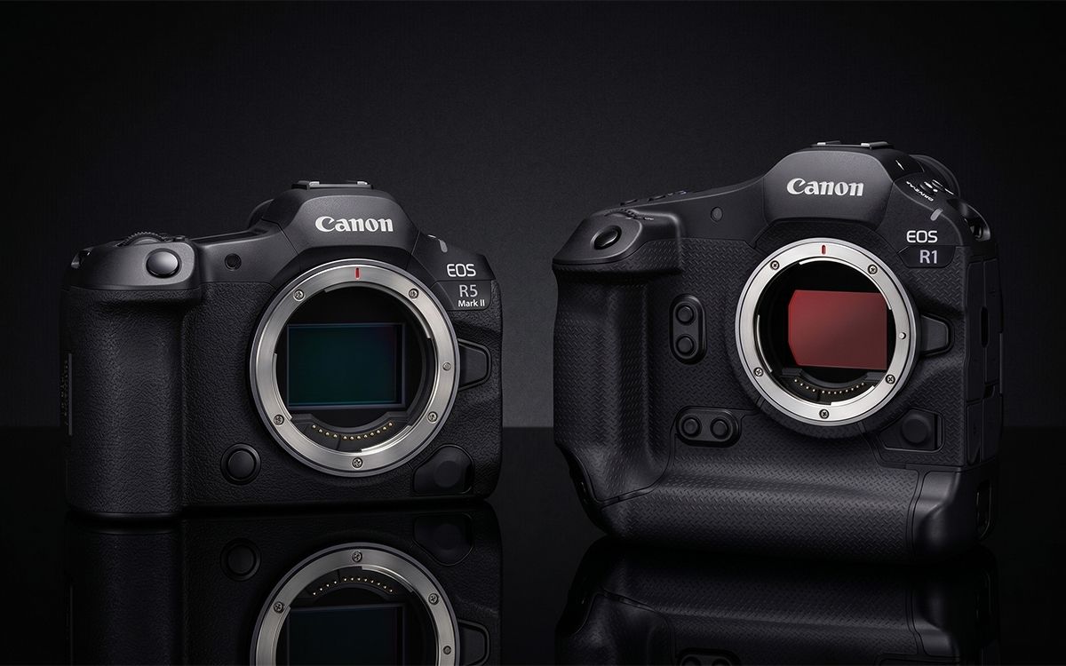 Canon EOS R1 and EOS R5 Mark II camera bodies shown side by side, R5 Mark II in the foreground