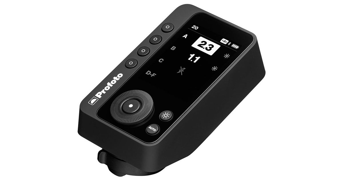 Profoto Connect Pro trigger showing full-color display with flash power readout