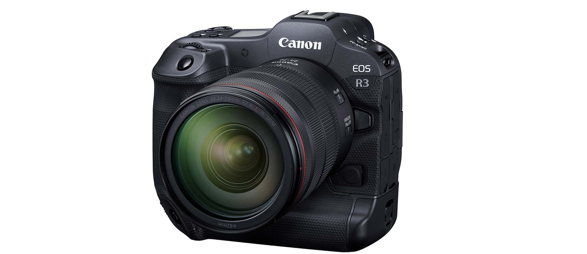 Canon EOS R3 full-frame mirrorless camera body with integrated vertical grip and 24.1MP stacked BSI sensor