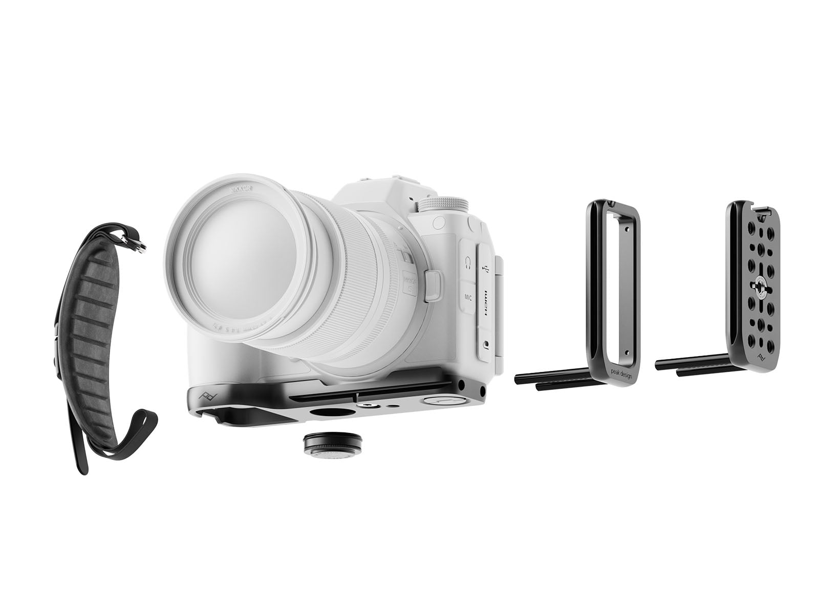 Peak Design Field Bracket broken into modular components: baseplate, upright, hand strap, and Beacon tracker