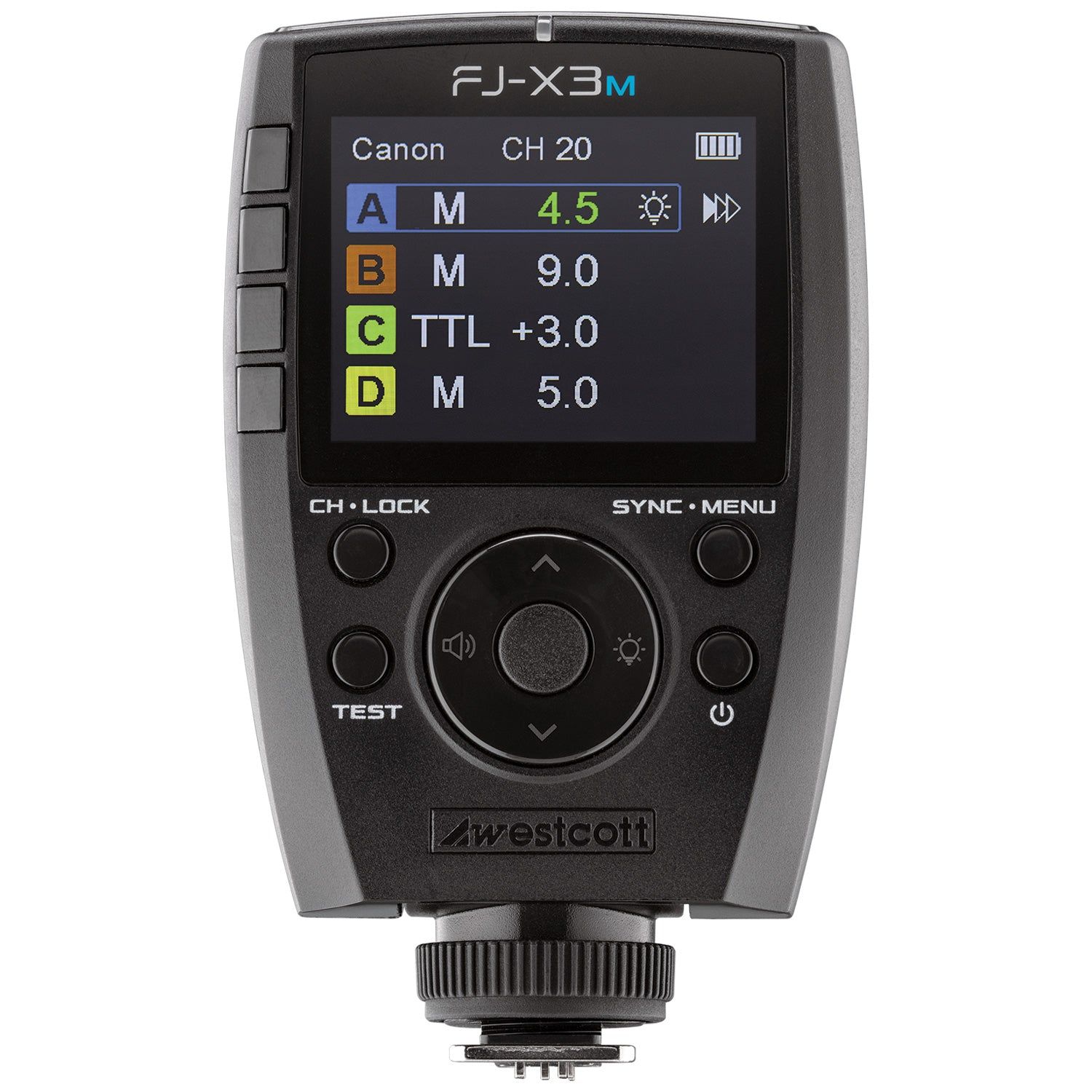 Westcott FJ-X3 M wireless flash trigger on a camera hotshoe